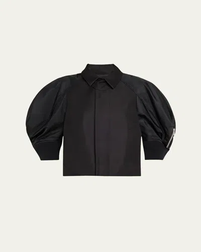 Sacai Mixed Media Three-quarter Sleeve Gabardine Jacket In Black