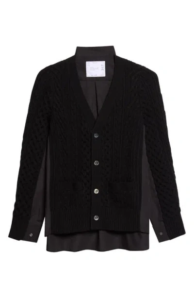 Sacai Mixed Media Wool Cable & Poplin Shirt Cardigan In Black