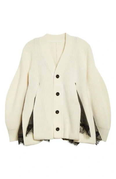 Sacai Mixed Media Wool Cardigan In Neutral