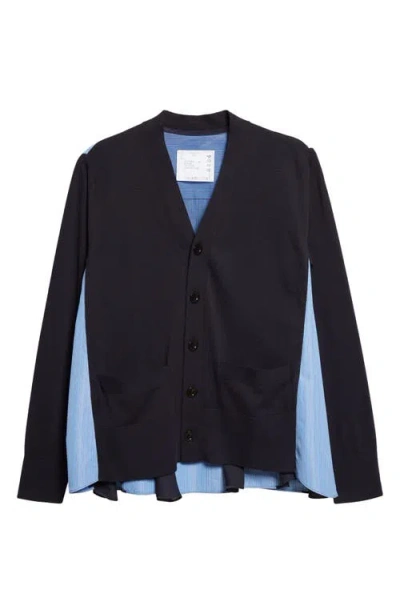 Sacai Mixed Stripe Media Poplin & Knit Cardigan In Black