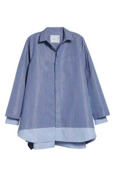 Sacai Mixed Stripe Oversize Poplin Button-up Shirt In Blue