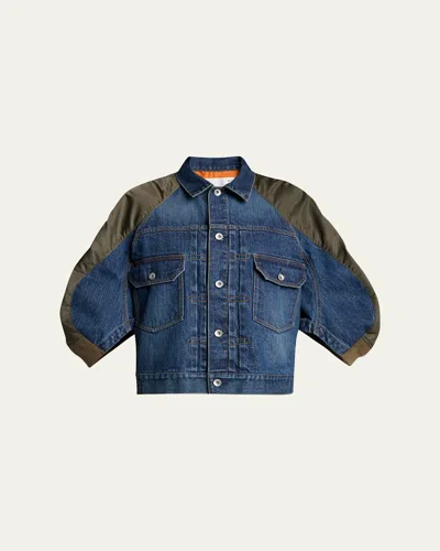 Sacai Mixed-media Denim Bomber Jacket In Blue