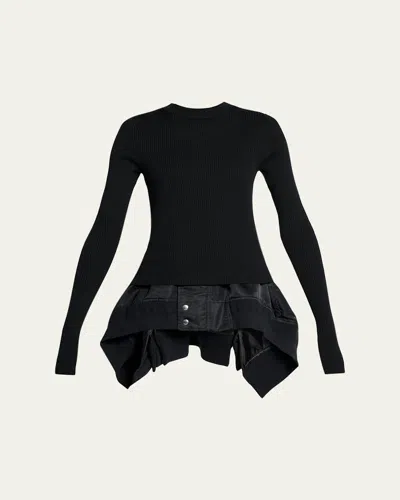 Sacai Mixed-media Nylon Twill Peplum Sweater In Black