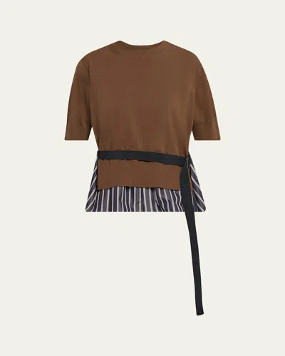 Sacai Mixed-media Poplin Knit Belted Top In Red