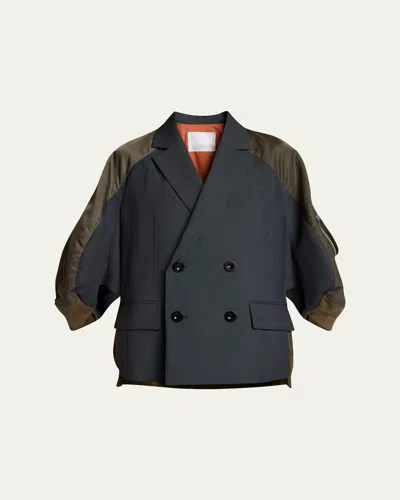 Sacai Mixed-media Suiting Bomber Jacket In Black