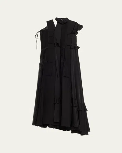 Sacai Mixed-media Tiered Cap-sleeve Maxi Dress In Black