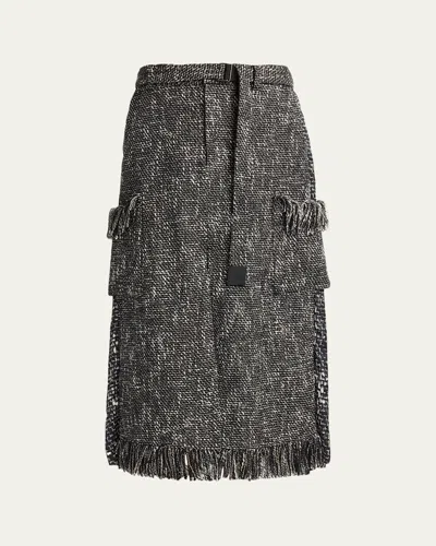 Sacai Mixed-media Tweed Belted Midi Skirt In Black