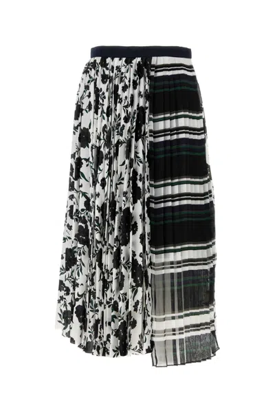 Sacai Womens White Multi Pattern Mix Satin Midi Skirt Xs