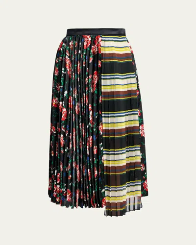 Sacai Mixed-print Pleated Midi Skirt In Black