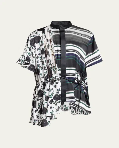 Sacai Mixed-print Satin Short-sleeve Blouse In White