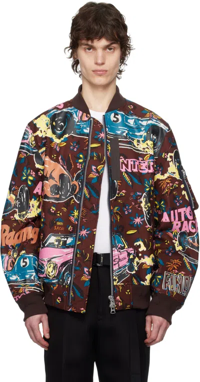 Sacai Multicolor Car Race Tropical Print Bomber Jacket In 701 Bordeaux