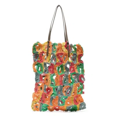 Sacai Multicolor Crochet Logo Tote Bag In Brown