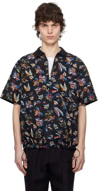 Sacai Car Race Tropical Shirt In Rayon And Cotton In Black