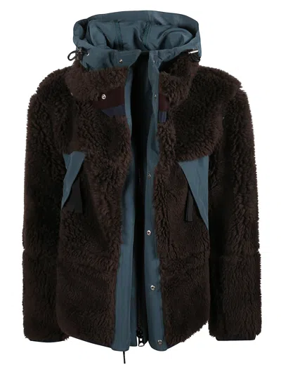 Sacai Multi-material Relaxed Fit Jacket With High Collar And Hood In Brown