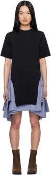Sacai Cotton And Knit Dress With Asymmetric Hem In 239 Navy×blue Stripe