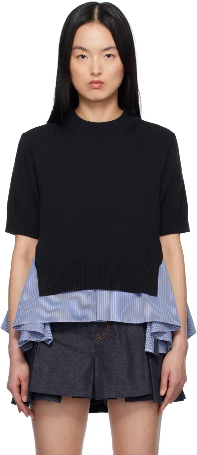 Sacai Navy & Blue Cotton Poplin & Knit Pullover Sweater In Navy/blue Stripe