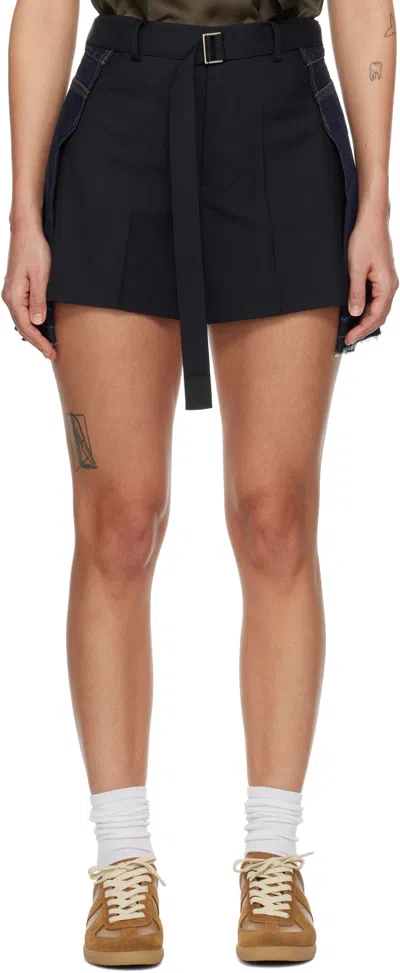 Sacai Navy & Blue Paneled Denim Shorts In 210 Navy*blue