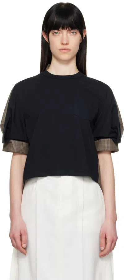 Sacai Navy & Brown Spun Organza & Cotton Jersey T-shirt In 812 Brown Check