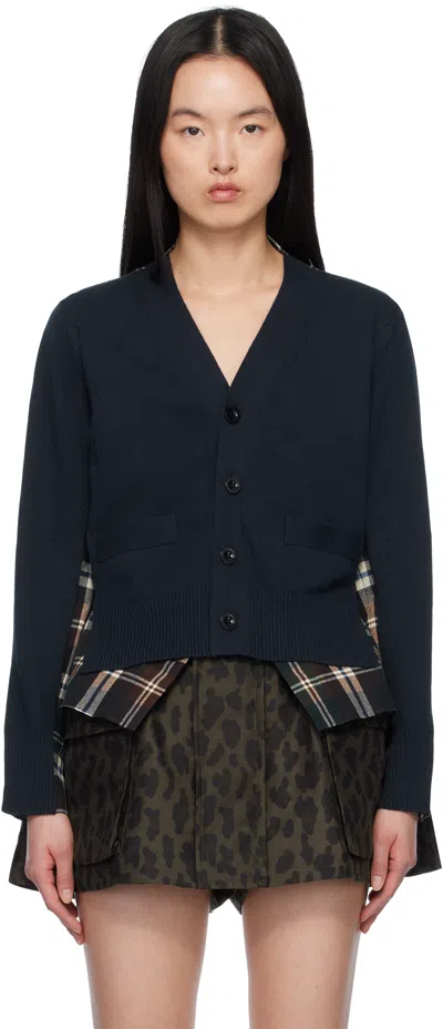 Sacai Navy & Green Cardigan In 564 Green*brown