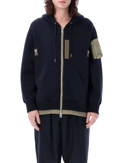 Sacai Navy And Khaki Full Zip Hoodie For Men In Navy_khaki