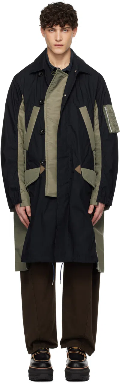 Sacai Military Cotton & Nylon Coat In Navy×khaki
