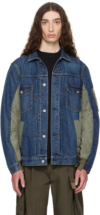 SACAI NAVY & KHAKI NYLON TWILL & DENIM JACKET