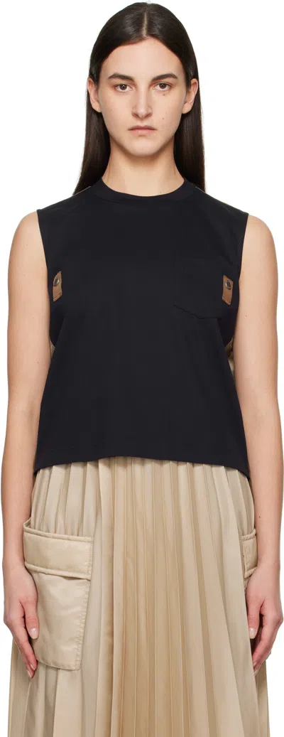 Sacai Navy & Khaki Nylon Twill Mix Cotton Jersey Tank Top In 234 Navy*taupe