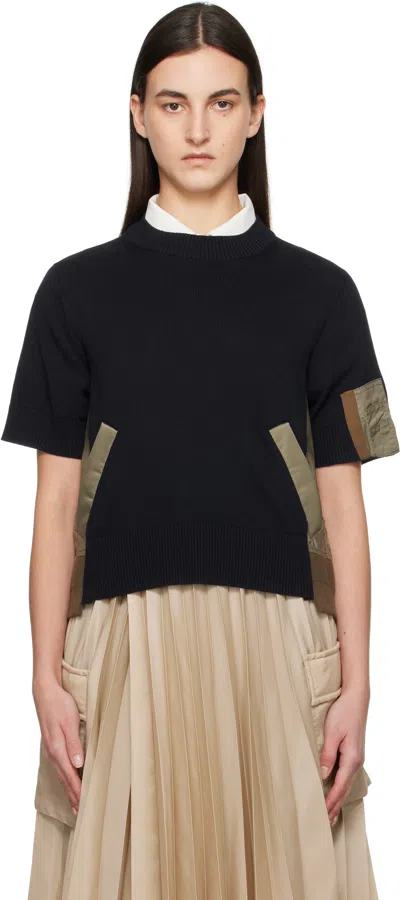 Sacai Navy & Khaki Nylon Twill X Knit Sweater In 234 Navy*taupe