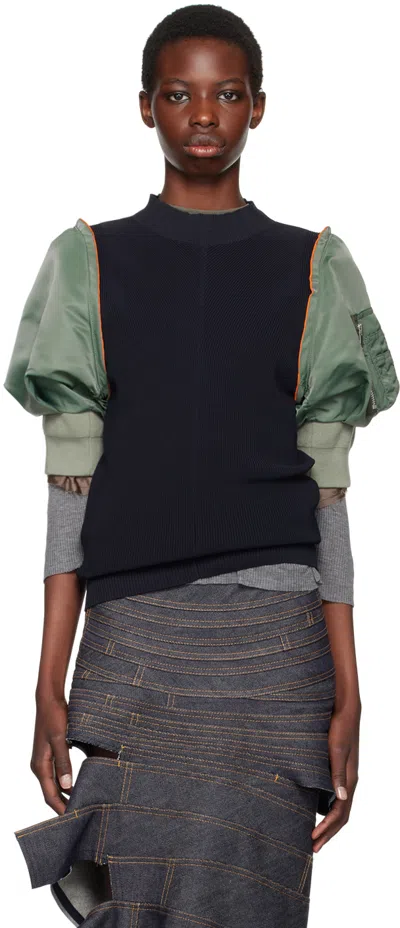 Sacai Navy & Khaki Paneled Sweater In 263 Navy*b/khaki