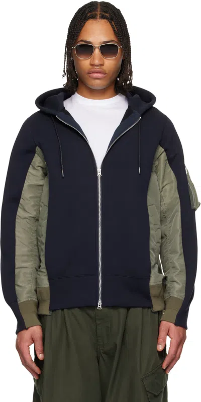 Sacai Navy & Khaki Sponge Sweat & Nylon Twill Hoodie In Black
