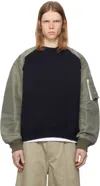 Sacai Navy & Khaki Sponge Sweat X Nylon Twill Pullover Sweatshirt In 212 Navyxkhaki