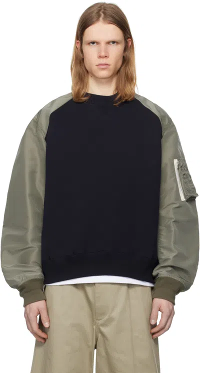 Sacai Navy & Khaki Sponge Sweat X Nylon Twill Pullover Sweatshirt In 212 Navyxkhaki