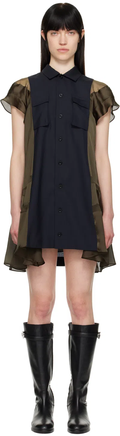 Sacai Navy & Khaki Suiting & Satin Minidress In 212 Navy*khaki