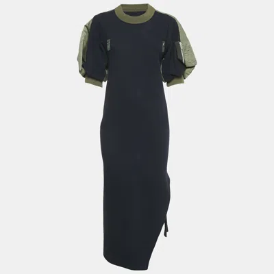 Pre-owned Sacai Navy Blue Rib Knit Puff Sleeve Satin Panel Detail Midi Dress S