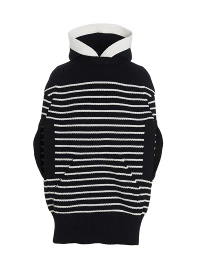 SACAI WOMEN NAVY BLUE STRIPED HOODED CAPE, M LUXURY SWEATERS & KNITWEAR FOR WOMEN DARVEYS