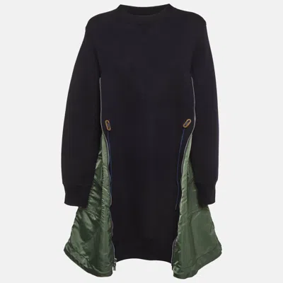 Pre-owned Sacai Navy Blue/green Jersey And Nylon Paneled Mini Dress Xl