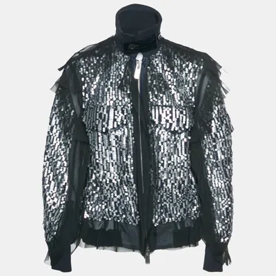 Pre-owned Sacai Navy Blue/silver Sequins Ruffled Bomber Jacket S