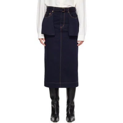 Sacai Navy Denim Midi Skirt In Blue