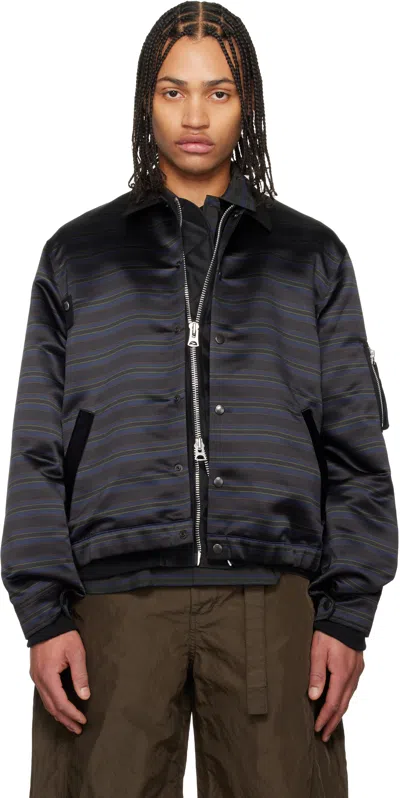 Sacai Navy Horizontal Stripe Blouson Bomber Jacket In Black