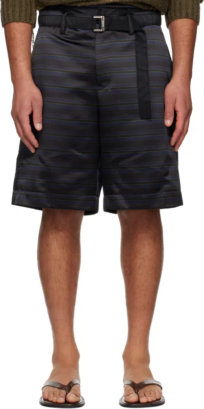 Sacai Navy Horizontal Stripe Shorts In Black