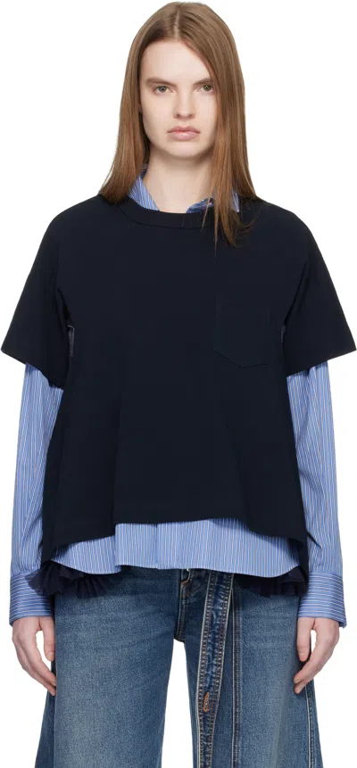 Sacai Navy Light Weight Denim & Cotton Jersey T-shirt In Blue