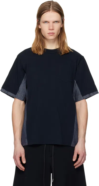 Sacai Navy Light Weight Denim & Cotton Jersey T-shirt In Blue