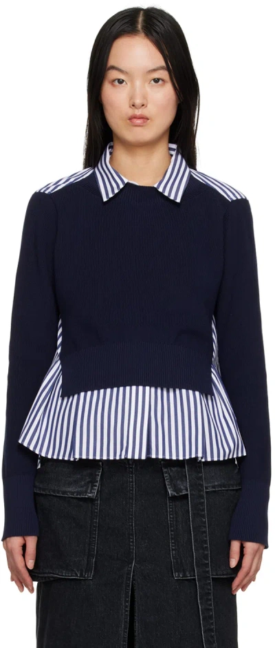 Sacai Navy Paneled Sweater In 222 Navy