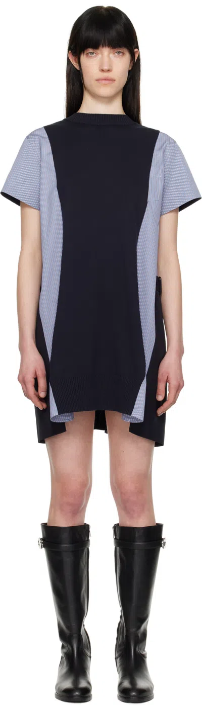 Sacai Navy Poplin & Knit Minidress In Navy/blue Stripe