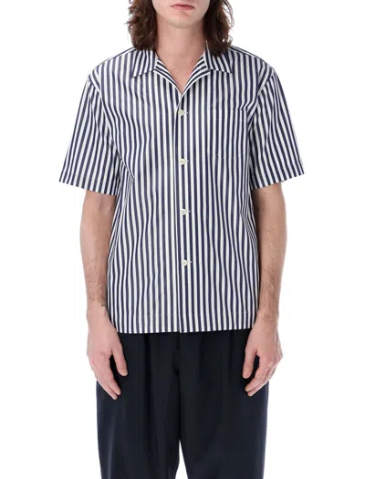 Sacai Navy Striped Cotton Blend Short Sleeve Shirt For Men In Navy_stripe