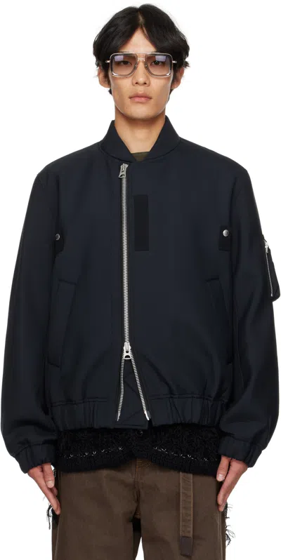 Sacai Navy Suiting Blouson Bomber Jacket In Black