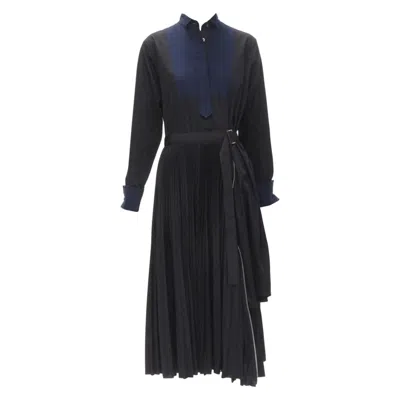 Pre-owned Sacai Navy Tuxedo Bib Collar Black Cotton Pleated Skirt Belted Midi Dress Jp2 M In Blue