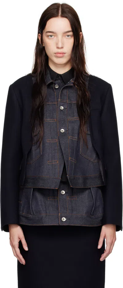Sacai Ruffled Wool-felt And Denim Cape In 499 Indigo