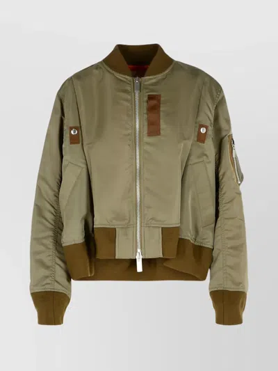 Sacai Nylon Bomber Jacket Front Pockets In Green