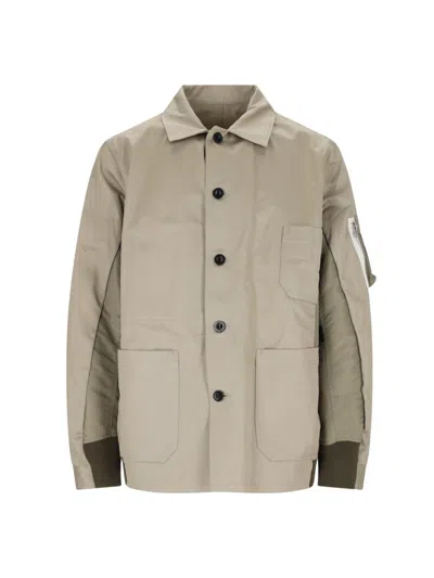 Sacai Panelled Twill Shirt Jacket In Beige×l/khaki